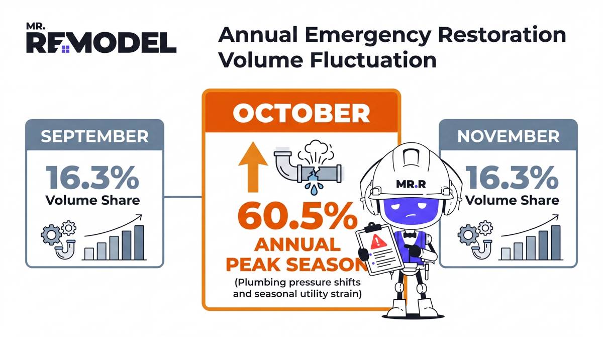 A data chart illustrating the extreme concentration of residential water damage restoration leads peaking in October at 60.5% of annual volume.